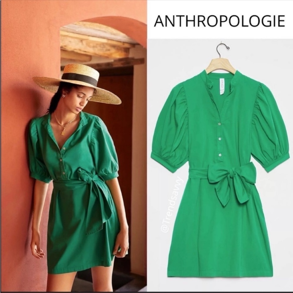 Anthropologie Amadi Glisy Green Puff Sleeve Mini Shirtdress Size S NWT Boho
